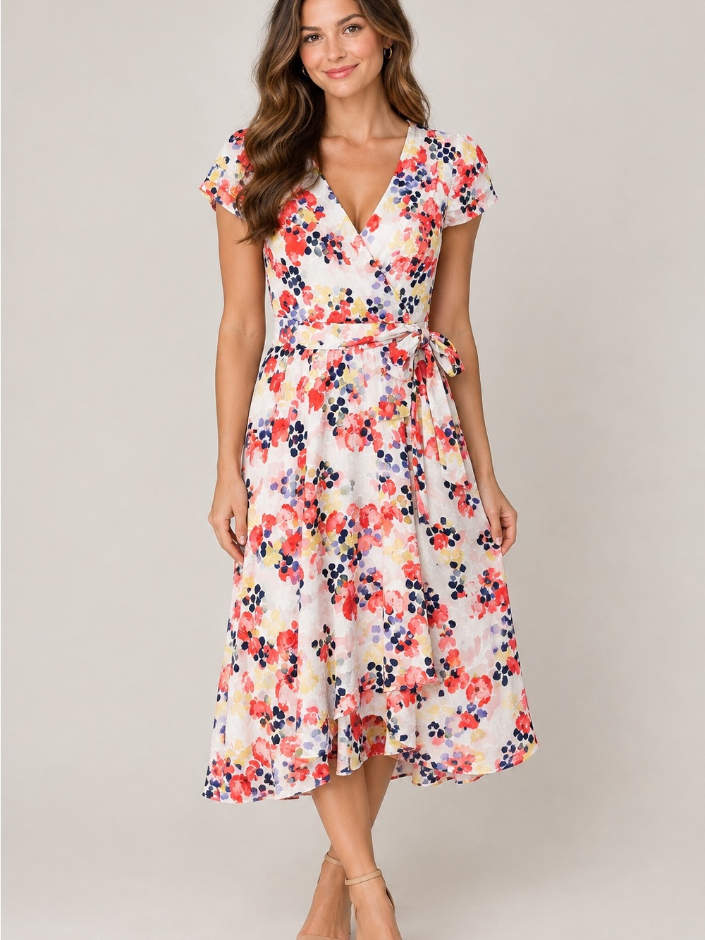 DKNY White Floral Wrap Midi Dress with Pink, Red & Navy Accents